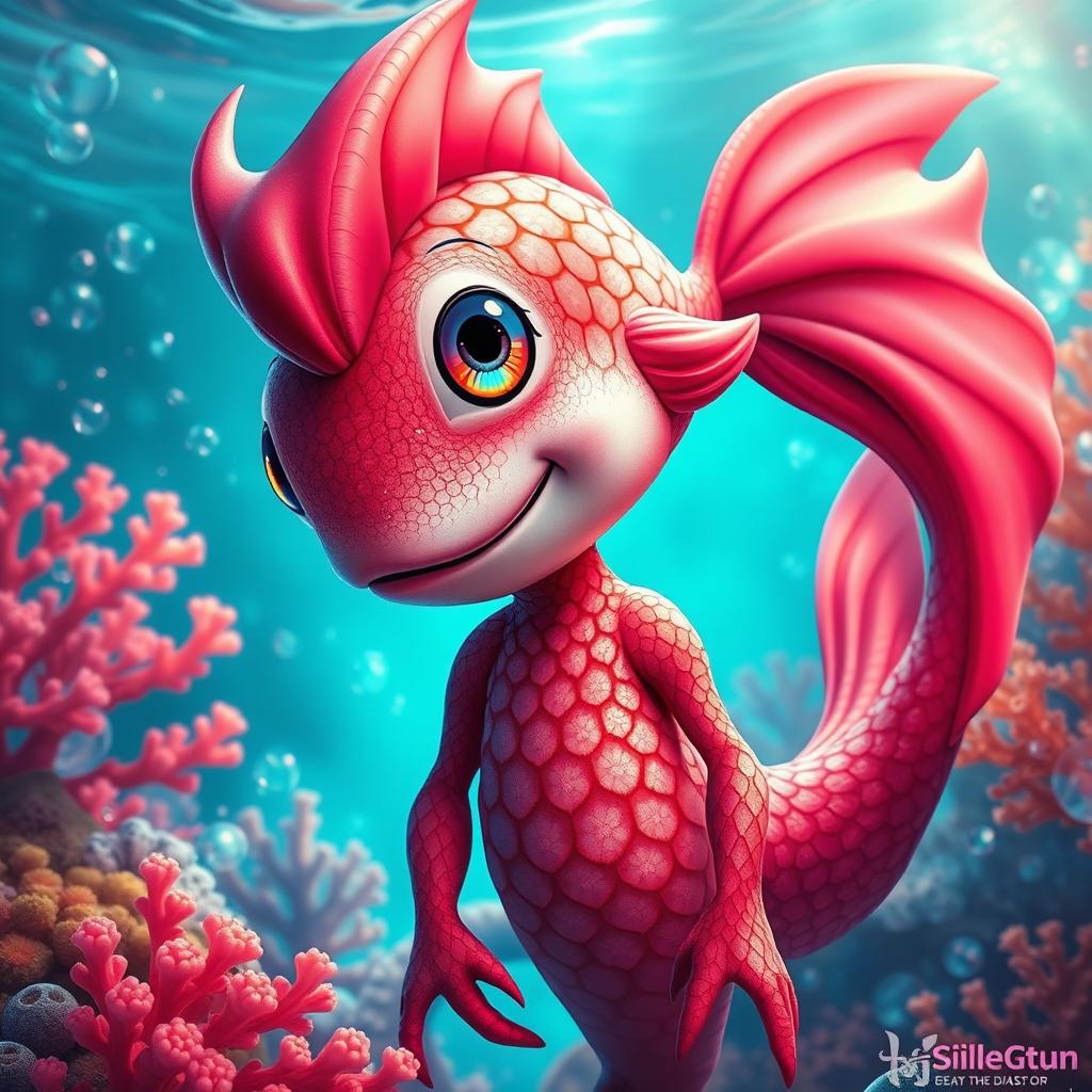 A humanoid female fish monster with beautiful reddish-pink scales glimmering under the light