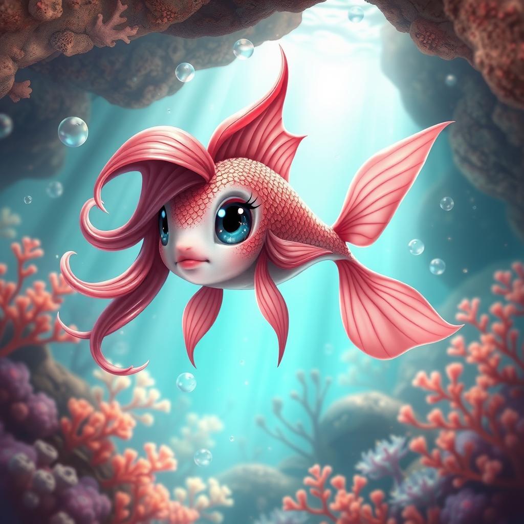 A humanoid female fish monster with stunning reddish-pink scales that shimmer under the light