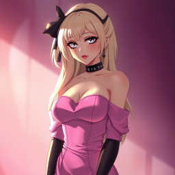 A captivating blond anime girl with large breasts, elegantly dressed in a stylish pink dress with padding that enhances her figure