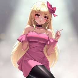 A captivating blond anime girl with large breasts, elegantly dressed in a stylish pink dress with padding that enhances her figure