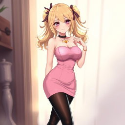 A captivating blond anime girl with large breasts, elegantly dressed in a stylish pink dress with padding that enhances her figure