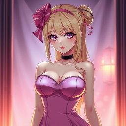 A captivating blond anime girl with large breasts, elegantly dressed in a stylish pink dress with padding that enhances her figure