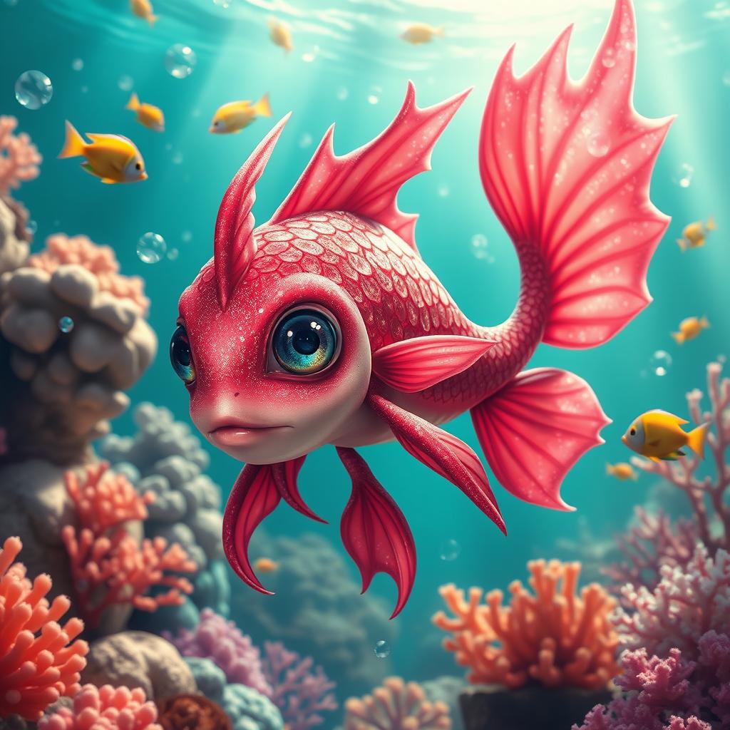 A humanoid female fish monster with striking reddish-pink scales that sparkle beautifully