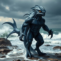A humanoid male fish monster with dark blue scales and striking features, standing on a rocky shore with ocean waves crashing in the background