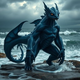 A humanoid male fish monster with dark blue scales and striking features, standing on a rocky shore with ocean waves crashing in the background