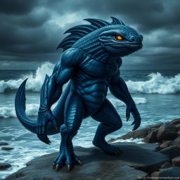 A humanoid male fish monster with dark blue scales and striking features, standing on a rocky shore with ocean waves crashing in the background