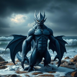 A humanoid male fish monster with dark blue scales and striking features, standing on a rocky shore with ocean waves crashing in the background