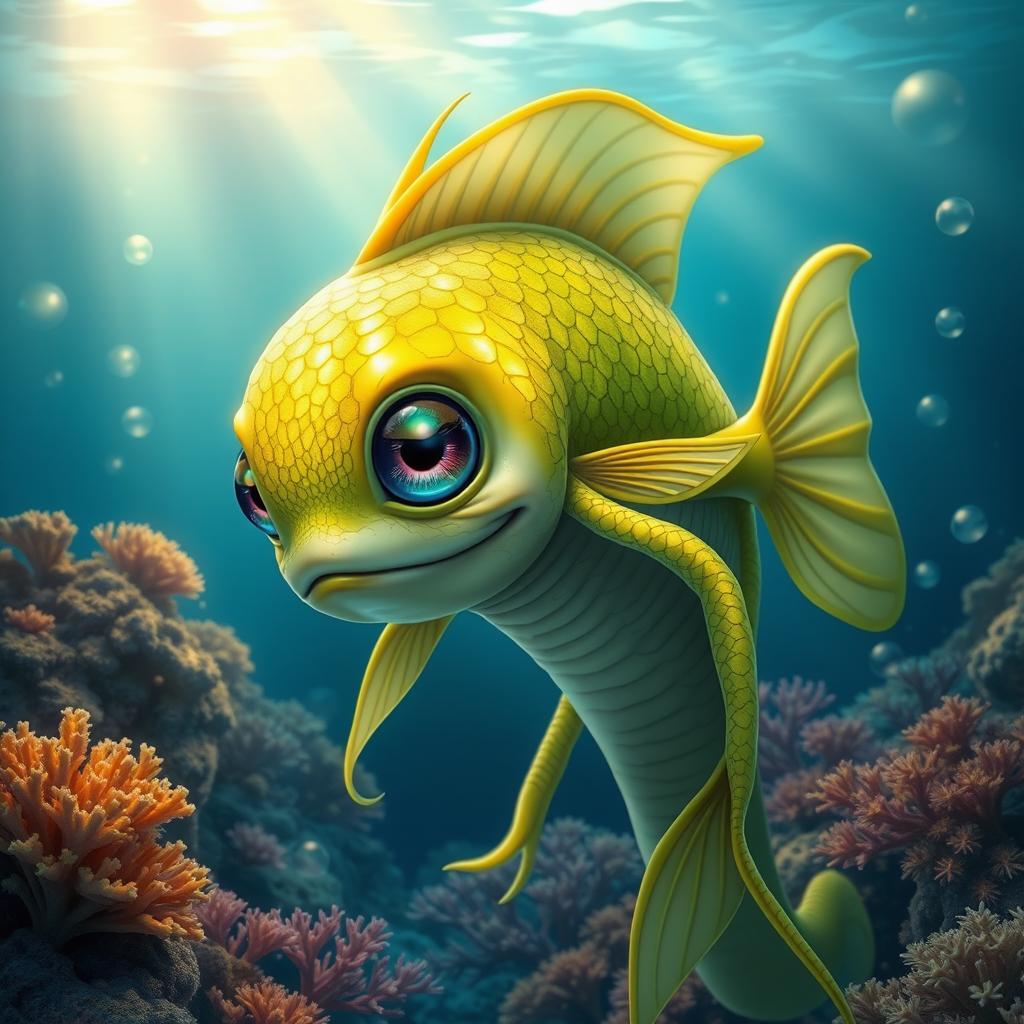 A humanoid female fish creature with a greenish yellow hue, featuring beautiful scales that shimmer under the light
