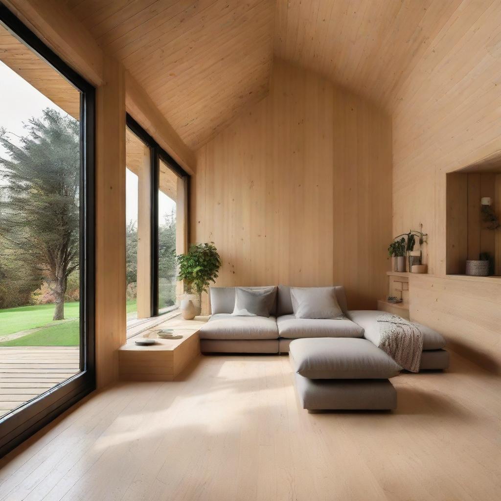 A cozy house with a light brown wooden floor, complementing the overall structure. 