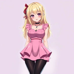 A charming blond anime girl with large breasts, elegantly adorned in a stylish pink dress featuring padding and shoulder straps that beautifully frame her figure