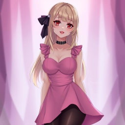 A charming blond anime girl with large breasts, elegantly adorned in a stylish pink dress featuring padding and shoulder straps that beautifully frame her figure
