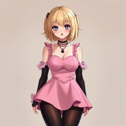 A charming blond anime girl with large breasts, elegantly adorned in a stylish pink dress featuring padding and shoulder straps that beautifully frame her figure