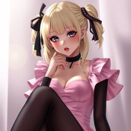 A charming blond anime girl with large breasts, elegantly adorned in a stylish pink dress featuring padding and shoulder straps that beautifully frame her figure