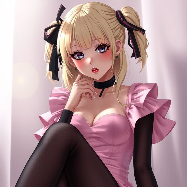 A charming blond anime girl with large breasts, elegantly adorned in a stylish pink dress featuring padding and shoulder straps that beautifully frame her figure