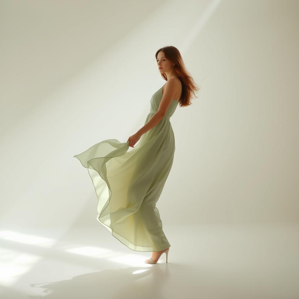 An enchanting image of a teen model gracefully standing in a minimalist white studio, wearing a silky sage-green dress that flows beautifully with their movements