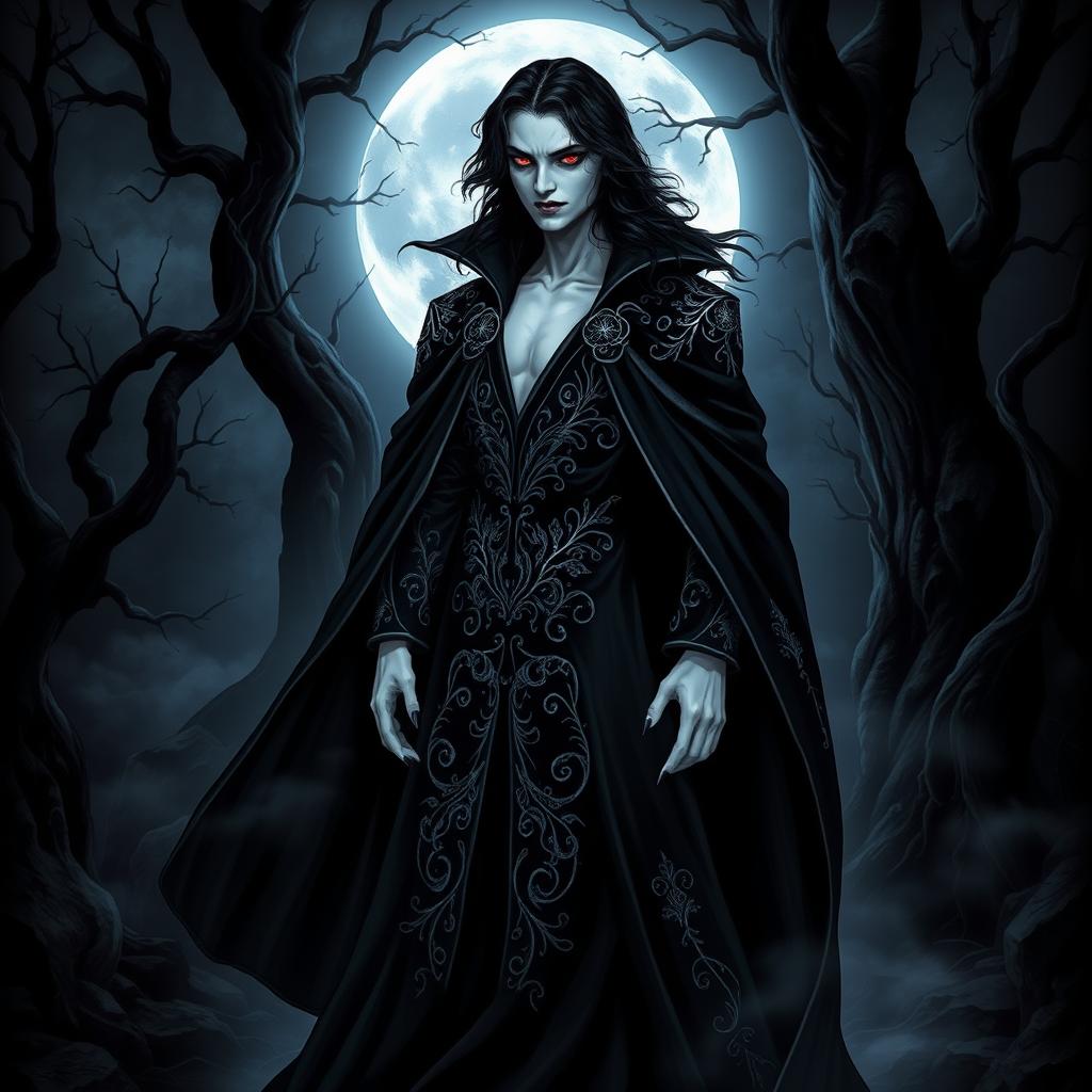 A striking vampire character, elegantly dressed in a flowing black cloak adorned with intricate silver embroidery, standing in a dark, atmospheric forest