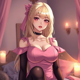A stunning blond anime girl with large breasts, beautifully dressed in a stylish pink dress featuring padding and shoulder straps that elegantly enhance her figure