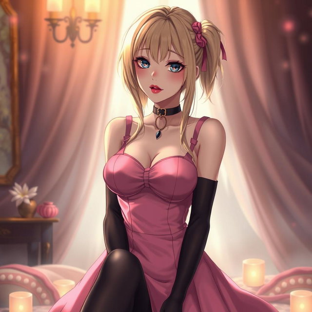 A stunning blond anime girl with large breasts, beautifully dressed in a stylish pink dress featuring padding and shoulder straps that elegantly enhance her figure