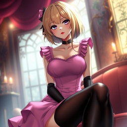 A stunning blond anime girl with large breasts, beautifully dressed in a stylish pink dress featuring padding and shoulder straps that elegantly enhance her figure