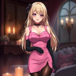 A stunning blond anime girl with large breasts, beautifully dressed in a stylish pink dress featuring padding and shoulder straps that elegantly enhance her figure