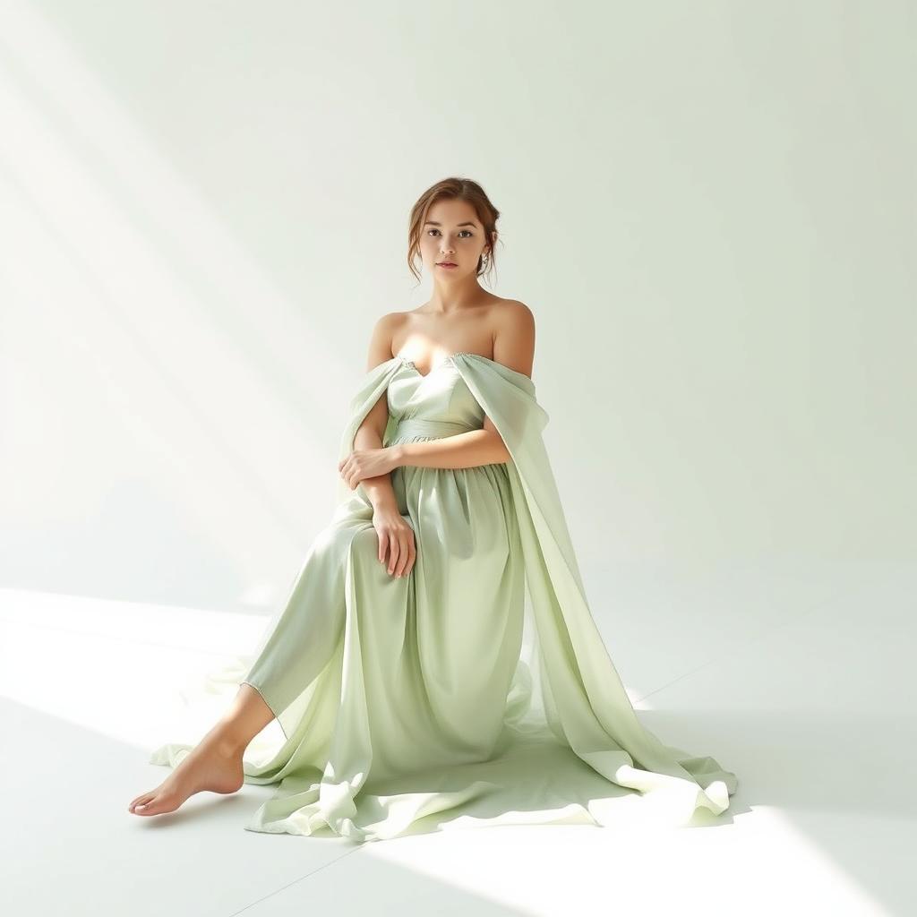 An enchanting image of a teen model elegantly posing in a minimalist white studio, adorned in a silky sage-green dress that drapes softly around them