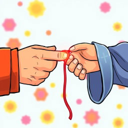 A vibrant cartoon-style illustration depicting a Christian man's hand and a Muslim woman's hand