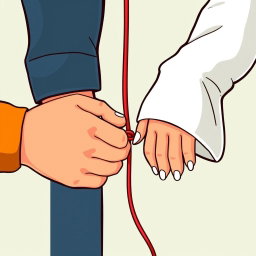 A vibrant cartoon-style illustration depicting a Christian man's hand and a Muslim woman's hand
