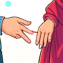 A vibrant cartoon-style illustration depicting a Christian man's hand and a Muslim woman's hand