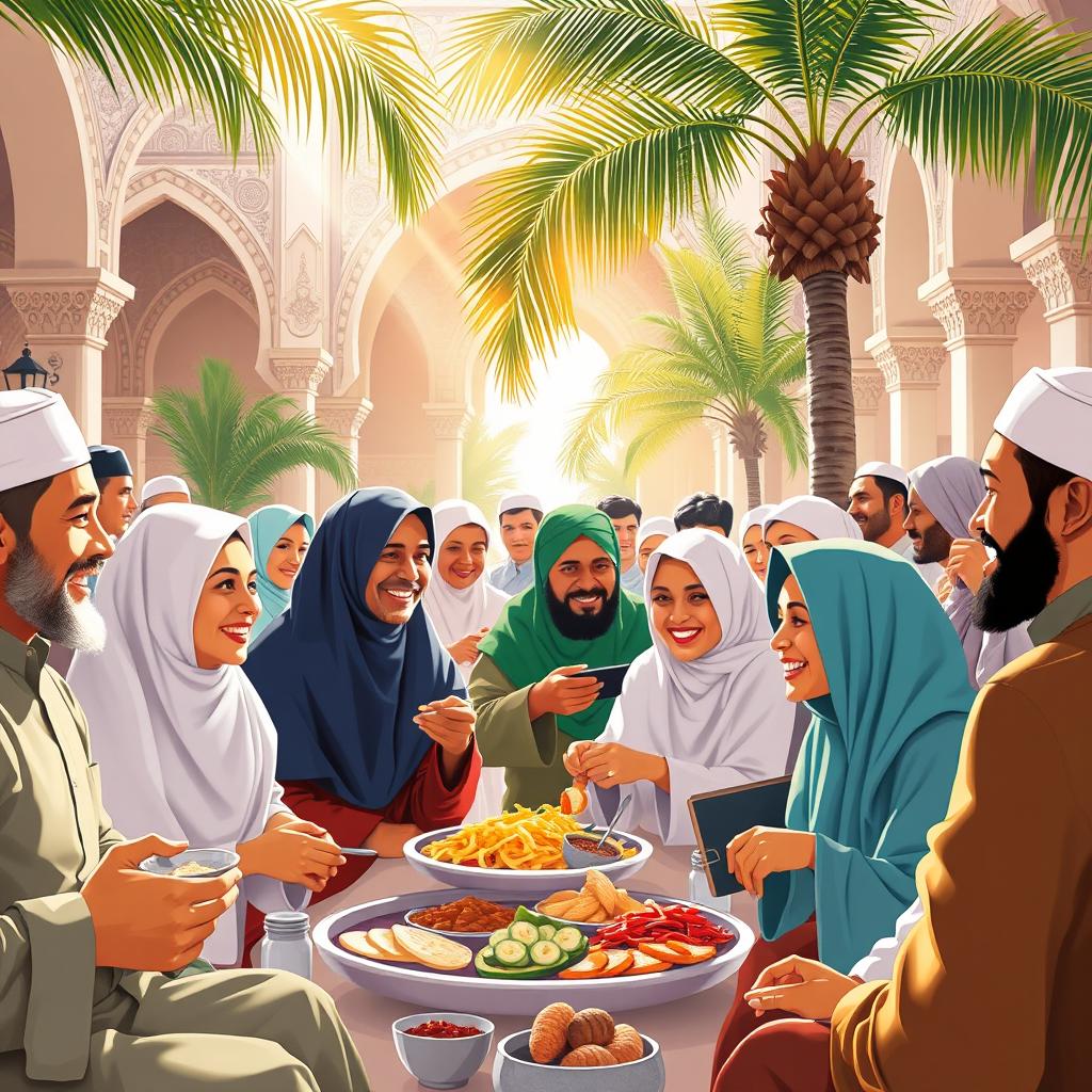 A diverse group of Islamic people engaging in a vibrant community gathering