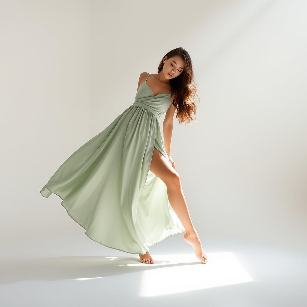 A captivating image of a teen model gracefully positioned in a minimalist white studio, wearing a flowing silky sage-green dress that accentuates their elegance
