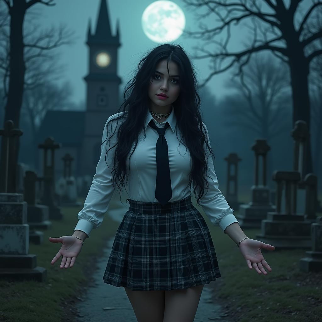 A beautiful, stunning, and curvy 19-year-old girl, barefoot, stands in an old haunted cemetery at midnight, welcoming you with her arms outstretched