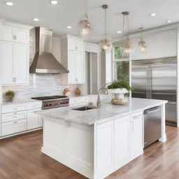 A modern, spacious, and well-lit kitchen with sleek stainless steel appliances, an island with a marble countertop, glossy white cabinets, and glass pendant lights hanging over the island