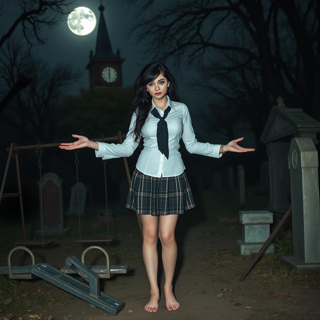 A beautiful, stunning, and curvy 19-year-old girl, barefoot, stands in an old haunted cemetery at midnight, welcoming you with her arms outstretched