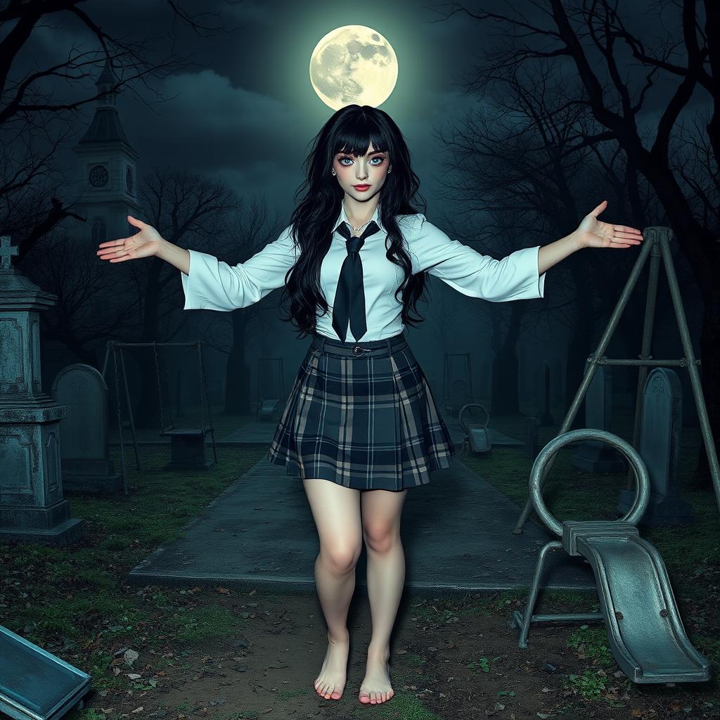 A beautiful, stunning, and curvy girl, barefoot, stands in an old haunted cemetery at midnight, welcoming you with her arms outstretched
