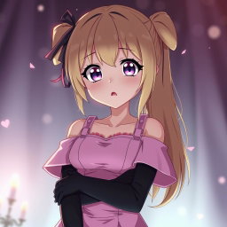 A flustered blond anime girl with large breasts, adorably dressed in a stylish pink dress featuring padding and shoulder straps that enhance her figure
