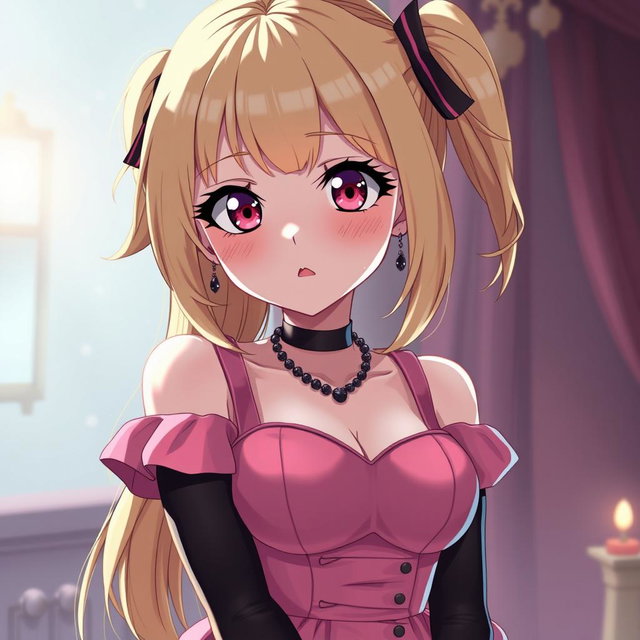A flustered blond anime girl with large breasts, adorably dressed in a stylish pink dress featuring padding and shoulder straps that enhance her figure