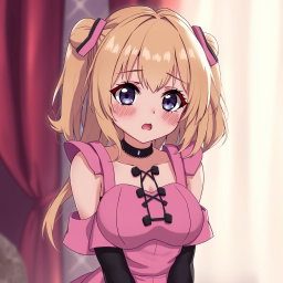 A flustered blond anime girl with large breasts, adorably dressed in a stylish pink dress featuring padding and shoulder straps that enhance her figure