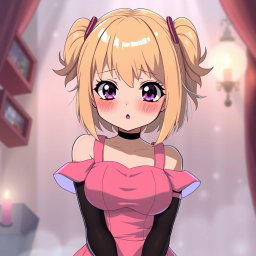 A flustered blond anime girl with large breasts, adorably dressed in a stylish pink dress featuring padding and shoulder straps that enhance her figure