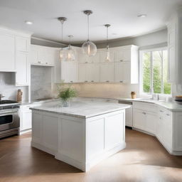 A modern, spacious, and well-lit kitchen with sleek stainless steel appliances, an island with a marble countertop, glossy white cabinets, and glass pendant lights hanging over the island