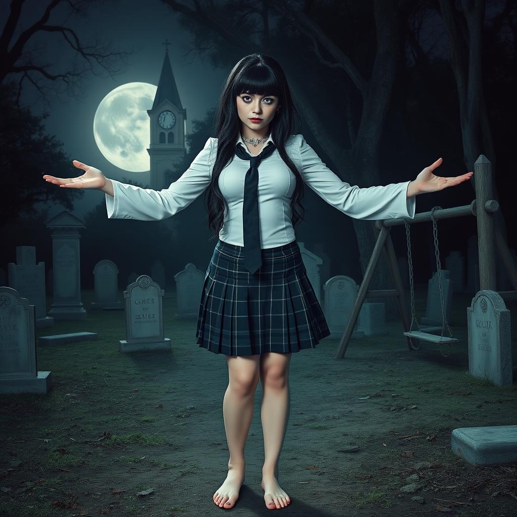 A beautiful, stunning, and curvy girl, barefoot, stands in an old haunted cemetery at midnight, welcoming you with her arms outstretched
