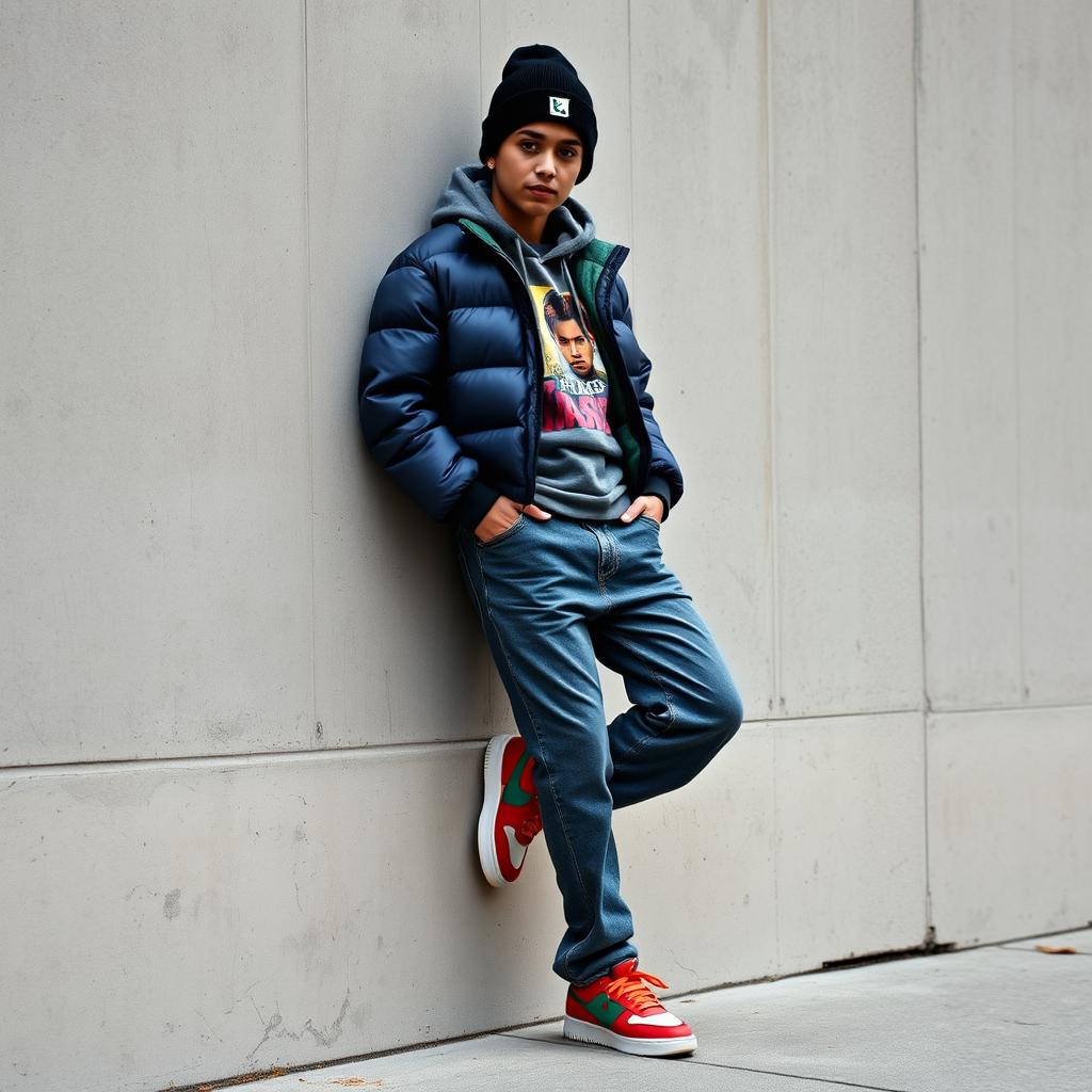 A striking image of a teen model casually leaning against a concrete-textured wall, showcasing an urban streetwear style