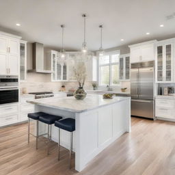 A modern, spacious, and well-lit kitchen with sleek stainless steel appliances, an island with a marble countertop, glossy white cabinets, and glass pendant lights hanging over the island