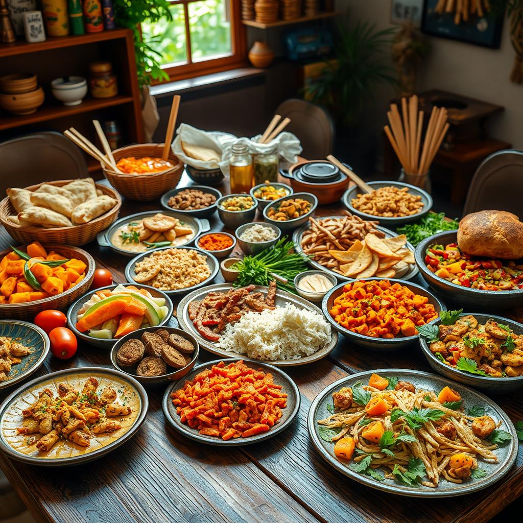 A beautiful spread of traditional foods from various cultures arranged on a vibrant table