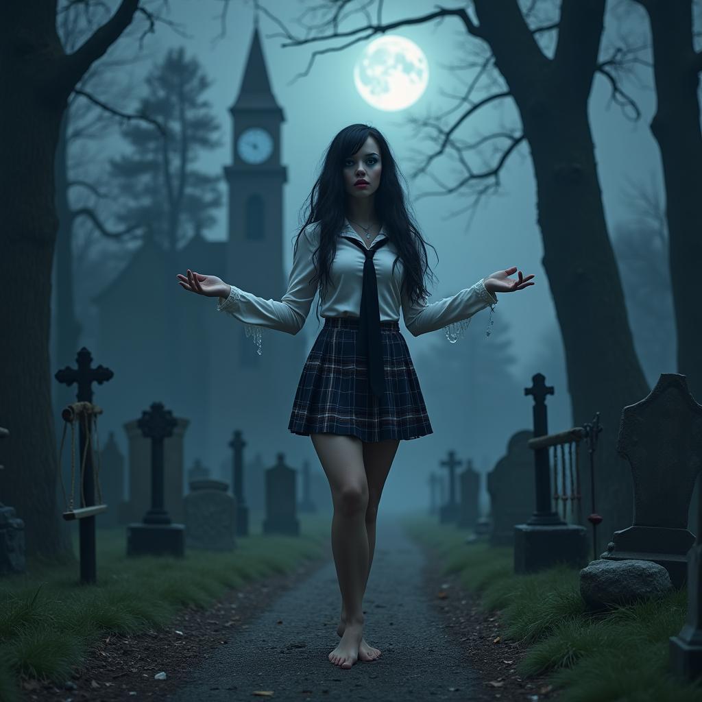 A beautiful, stunning, and curvy girl, barefoot, stands in a haunted, lightly wooded cemetery at midnight, welcoming you with her arms outstretched
