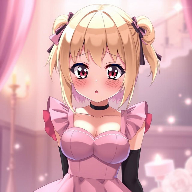 A flustered blond anime girl blushing with embarrassment, showcasing large breasts and adorned in a stylish pink dress with padding and shoulder straps that accentuate her figure