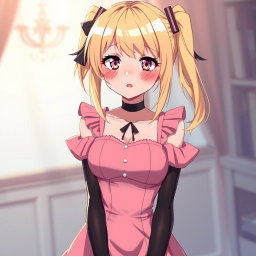 A flustered blond anime girl blushing with embarrassment, showcasing large breasts and adorned in a stylish pink dress with padding and shoulder straps that accentuate her figure