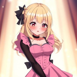 A flustered blond anime girl blushing with embarrassment, showcasing large breasts and adorned in a stylish pink dress with padding and shoulder straps that accentuate her figure