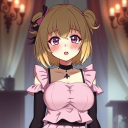 A flustered blond anime girl blushing with embarrassment, showcasing large breasts and adorned in a stylish pink dress with padding and shoulder straps that accentuate her figure