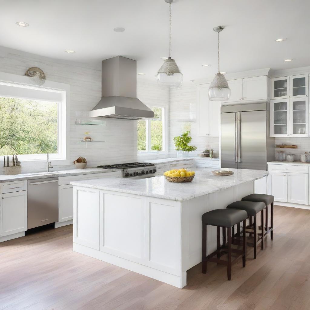 A modern, spacious, and well-lit kitchen with sleek stainless steel appliances, an island with a marble countertop, glossy white cabinets, and glass pendant lights hanging over the island