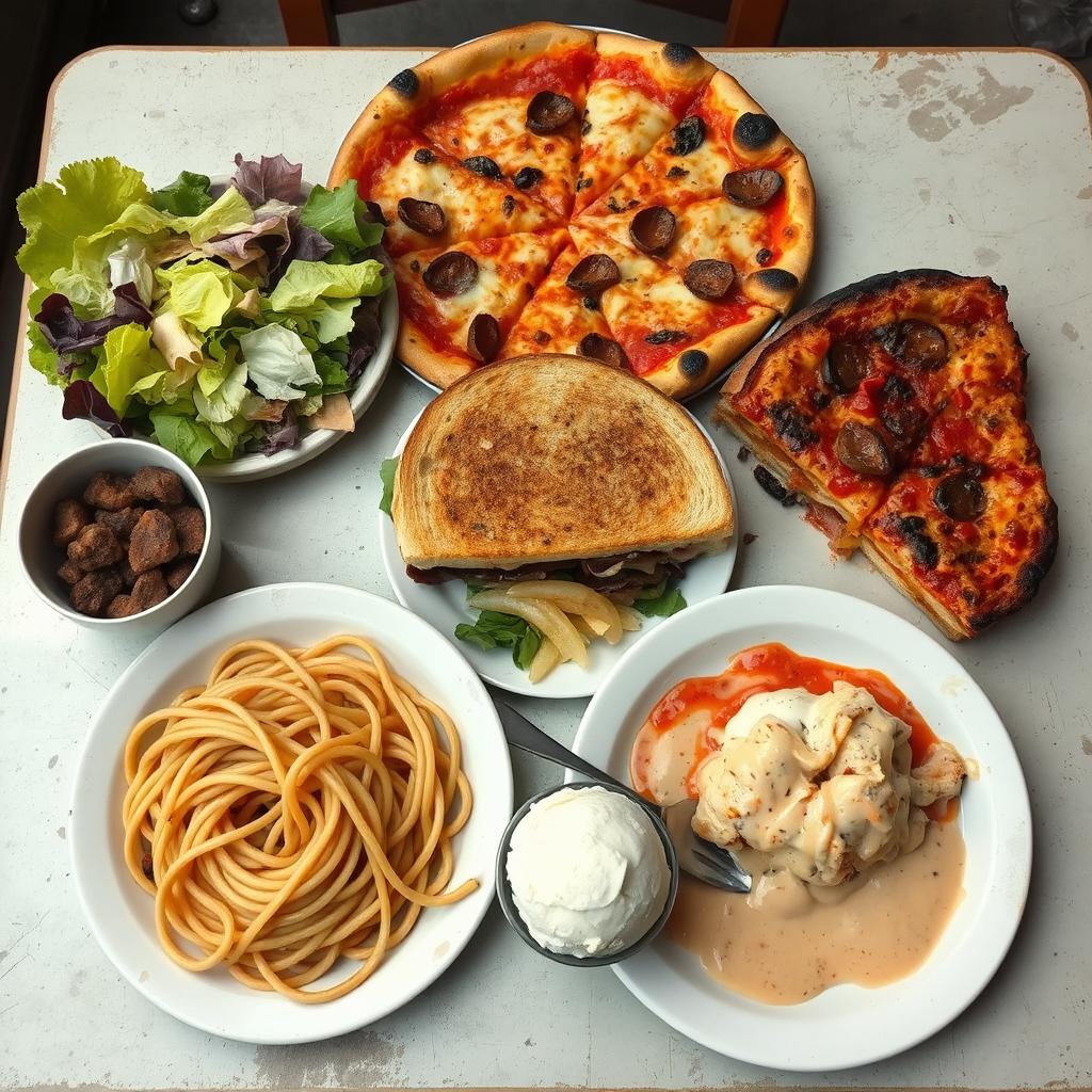 A visually unappealing assortment of various bad food items, featuring a wilted salad with brown edges, greasy pizza with burnt crust, a soggy sandwich with moldy bread, overcooked pasta that looks mushy, and a dessert with melting ice cream that has turned to a puddle, all arranged on a worn-out table with an unclean setting